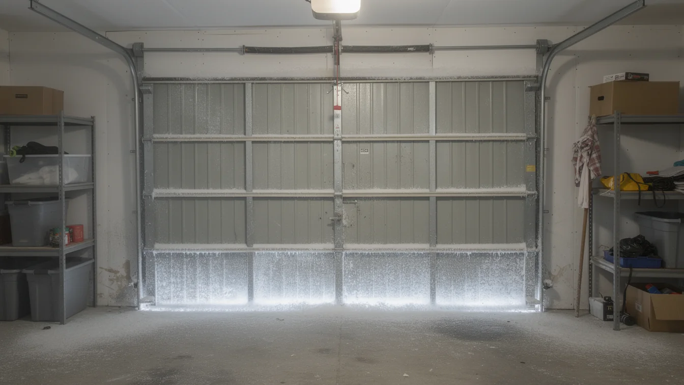 The garage door is covered in ice and snow, with shelves on both sides.