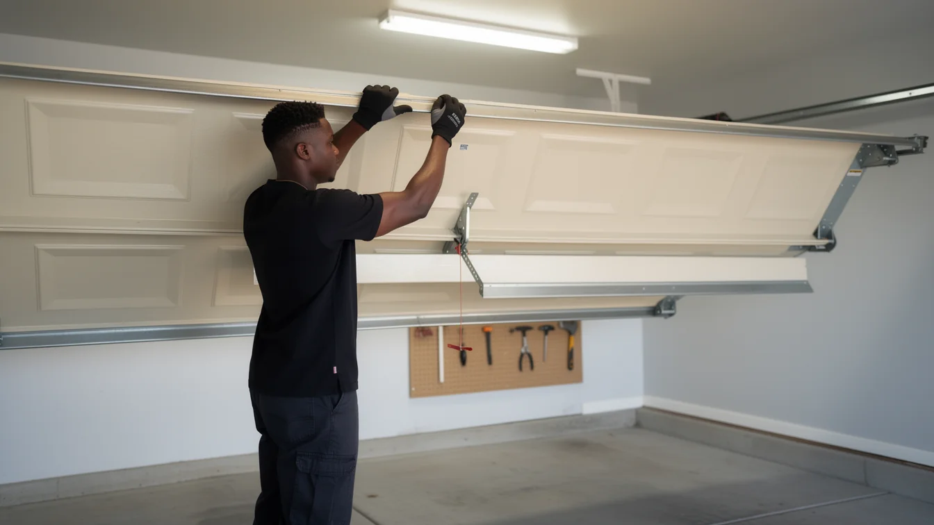A technician wearing gloves is working on the top panel of a beige garage door.