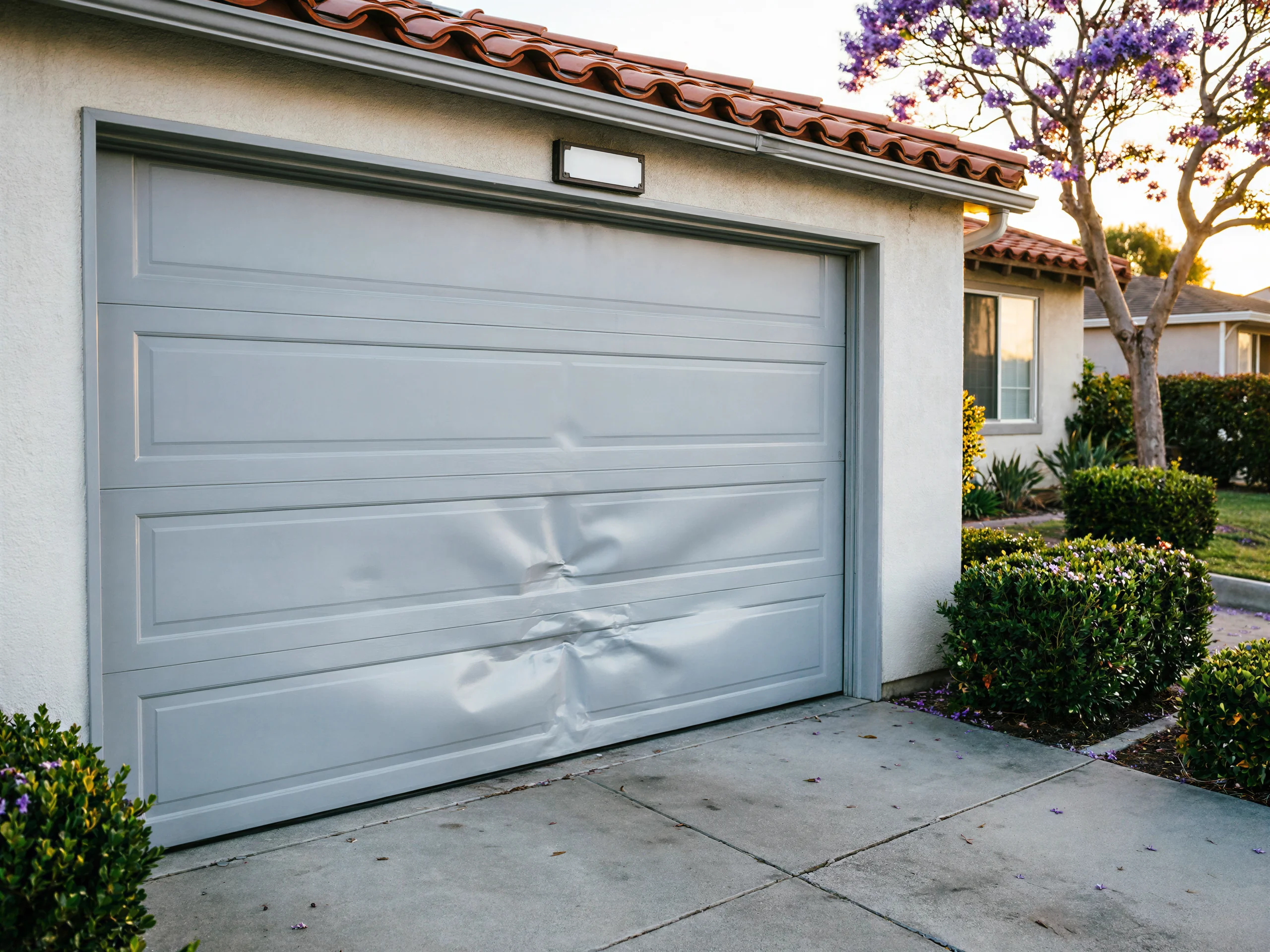 A light gray garage door has a large dent in the middle.