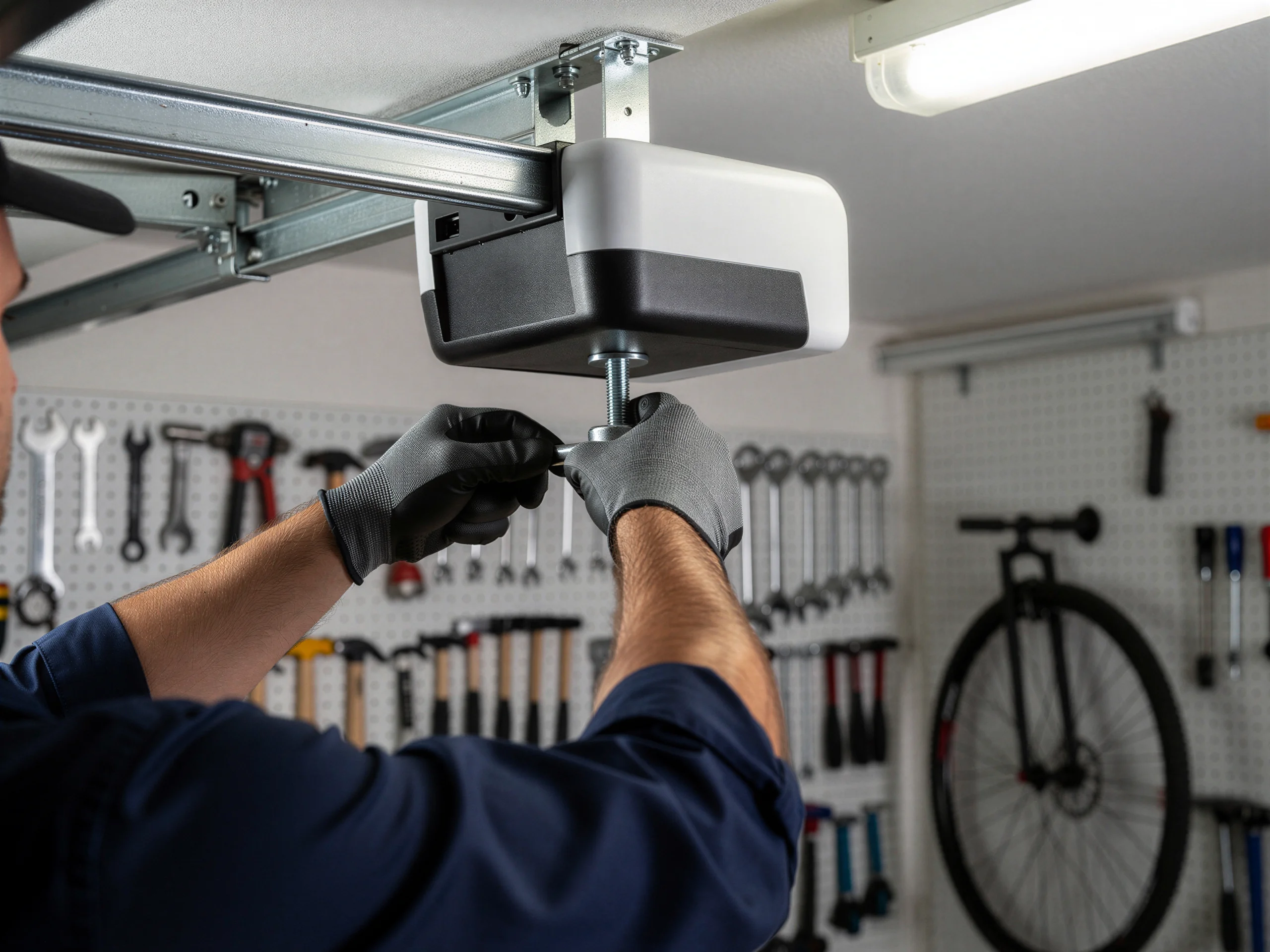 A technician installs a garage door opener in a garage with tools on a pegboard.