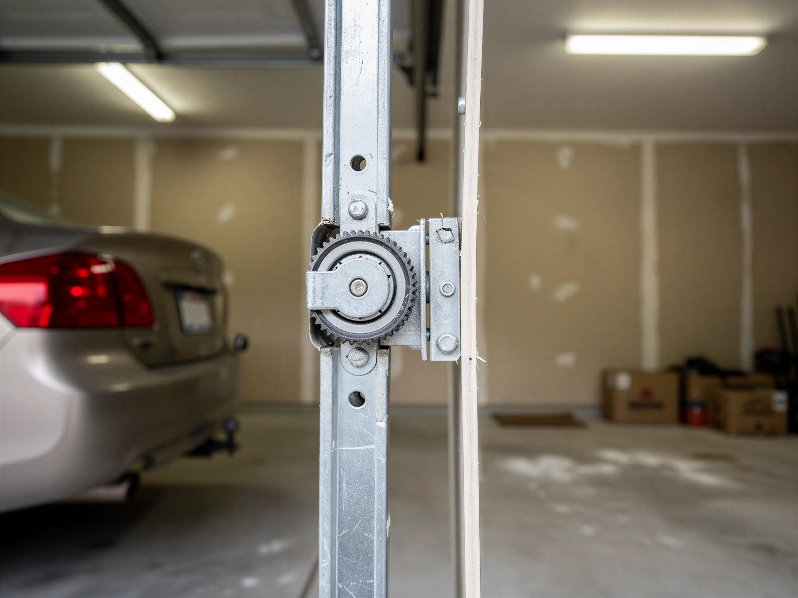 A garage door roller is attached to the vertical track.