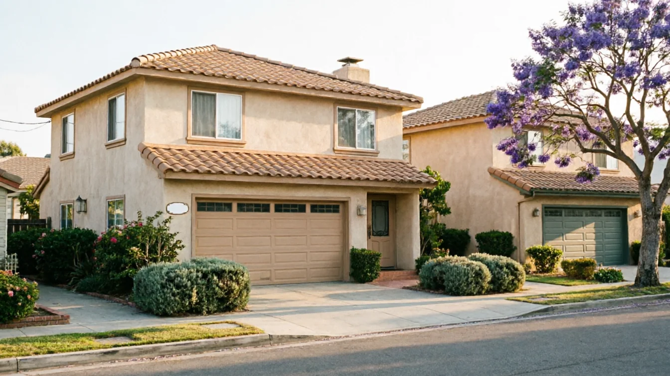 A beige house with a brown garage door and a purple flowering tree.