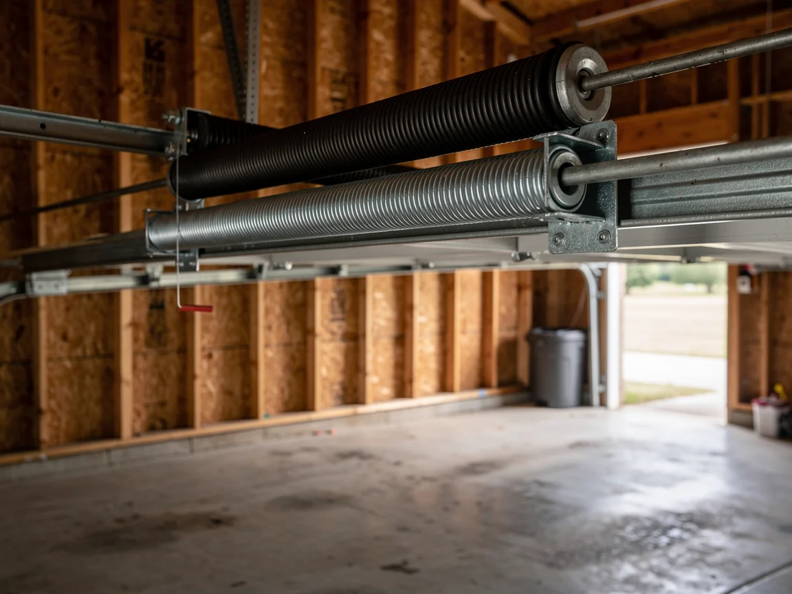 Two garage door torsion springs are mounted above an open garage door.