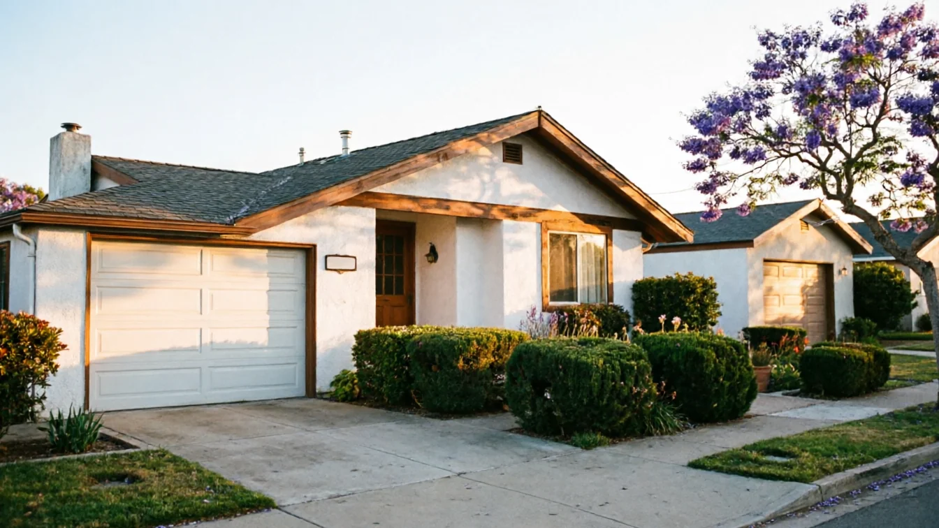 A white house with a white garage door and a brown front door.