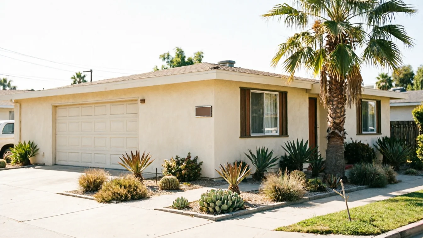 A beige house with a beige garage door, a palm tree, and desert landscaping.